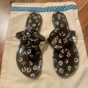 Tory Burch Miller Sandals, black with purple/white flowers, size 9